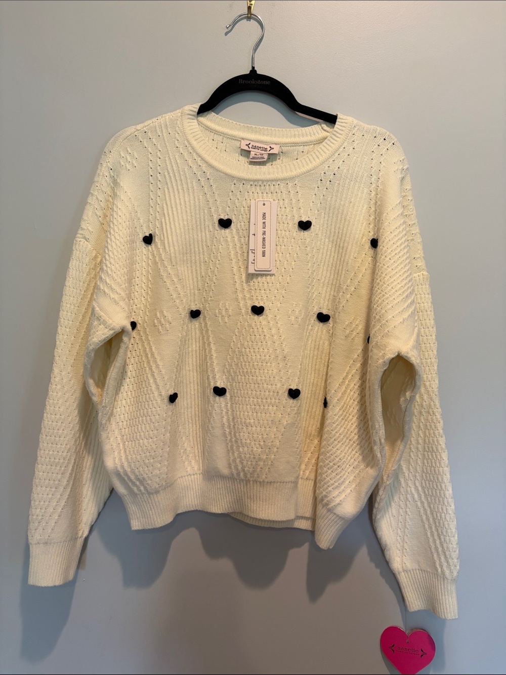Nanette Lepore Cream Crewneck Sweater with Black Heart Details